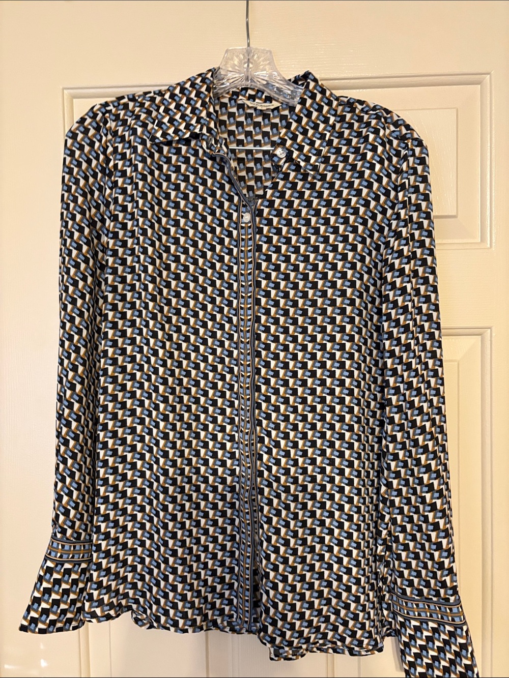 Max Studio Geometric Zip-Front Button-Down Shirt - Black, Blue & Cream